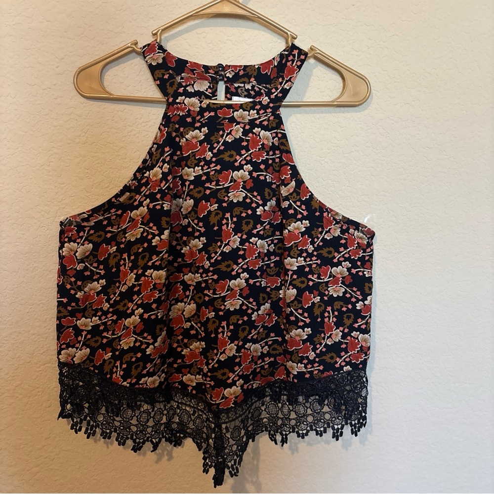 Glamorous Women’s Swing Tank Top Size L Black Floral With Lace Trim